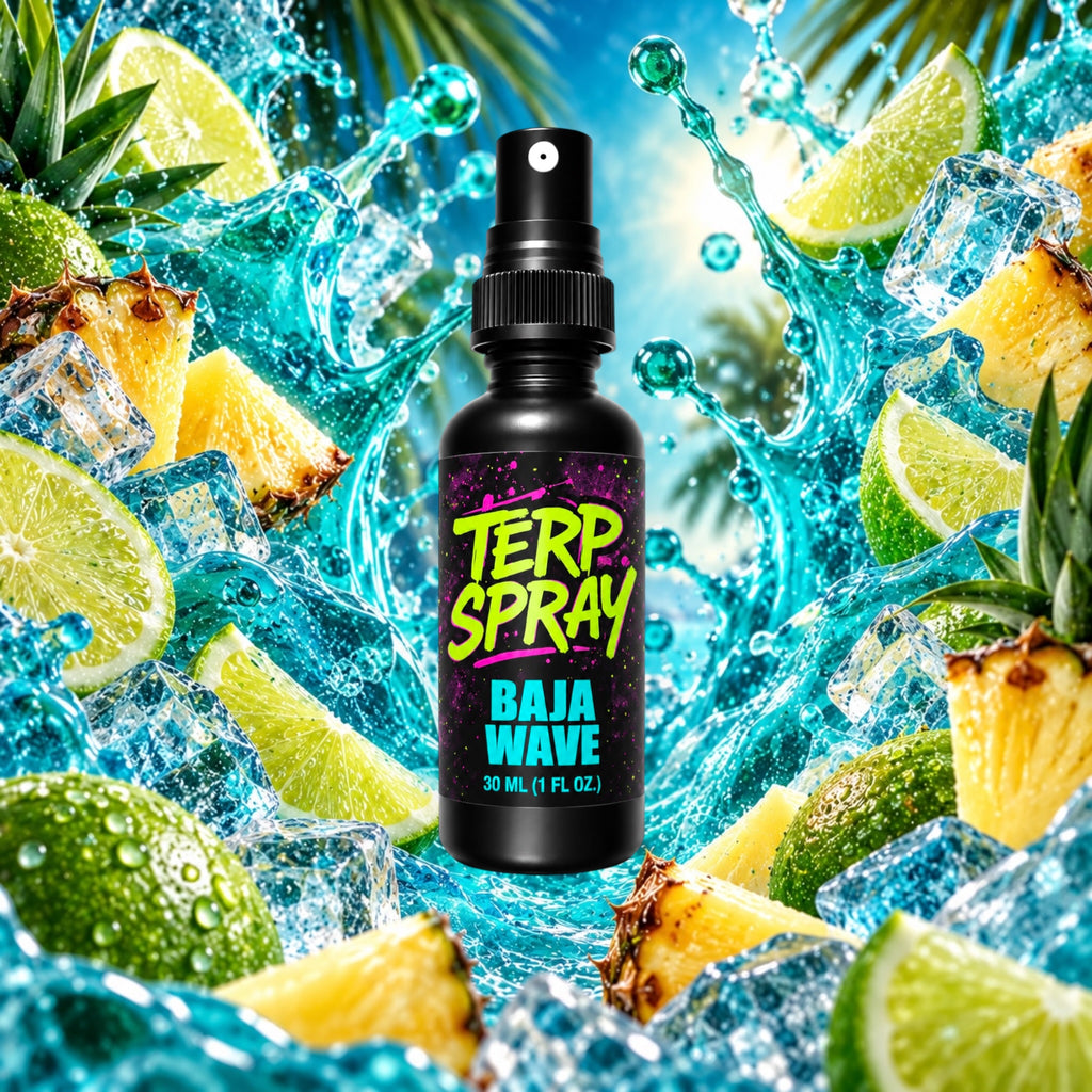 Baja Wave terpene spray with tropical citrus and lime flavor profile background