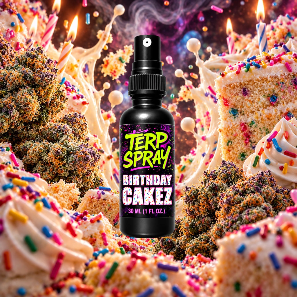 Birthday Cakez terpene spray with vanilla cake and frosting flavor profile background