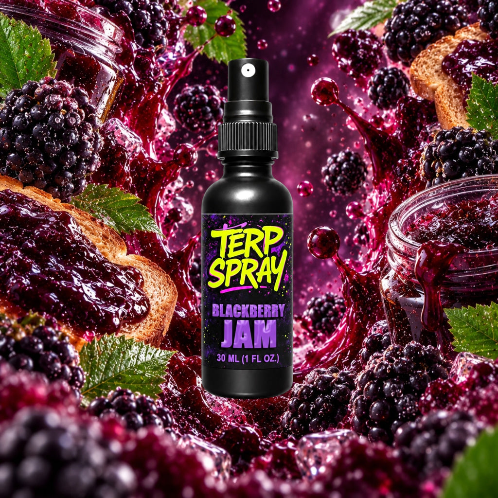Blackberry Jam terpene spray with dark blackberry preserve flavor profile background