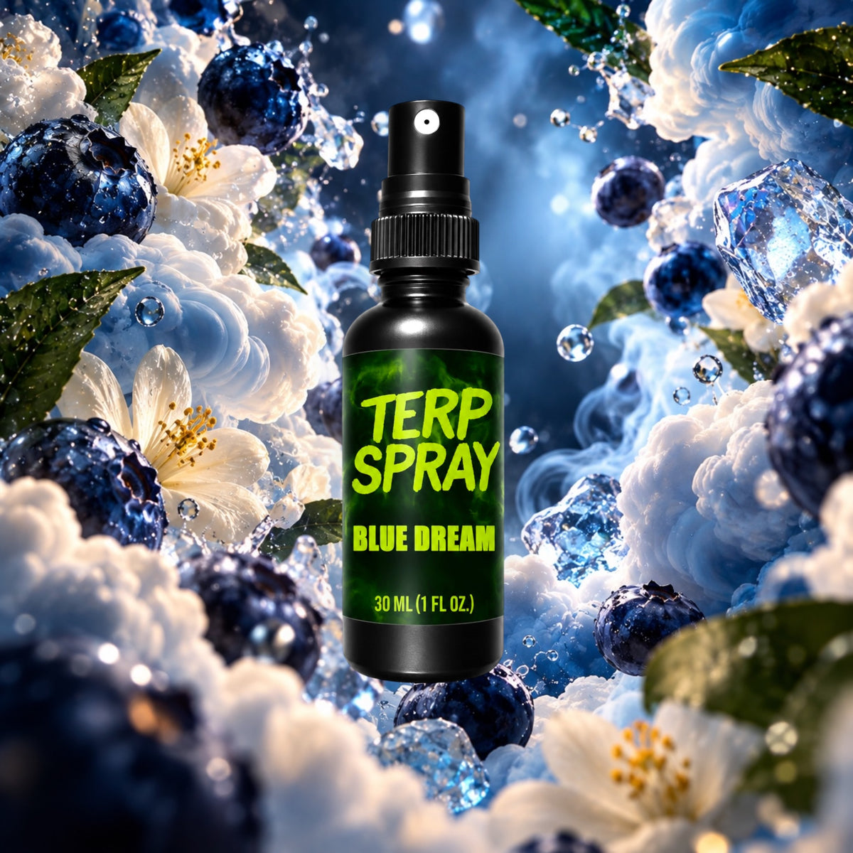 Blue Dream terpene spray with blueberry and haze flavor profile background