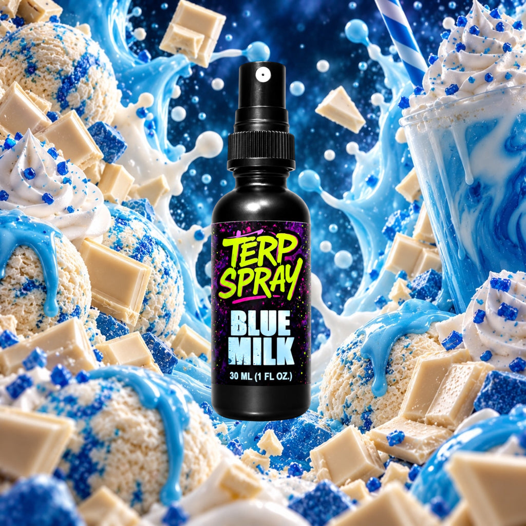 Blue Milk terpene spray with vanilla cream and berry flavor profile background