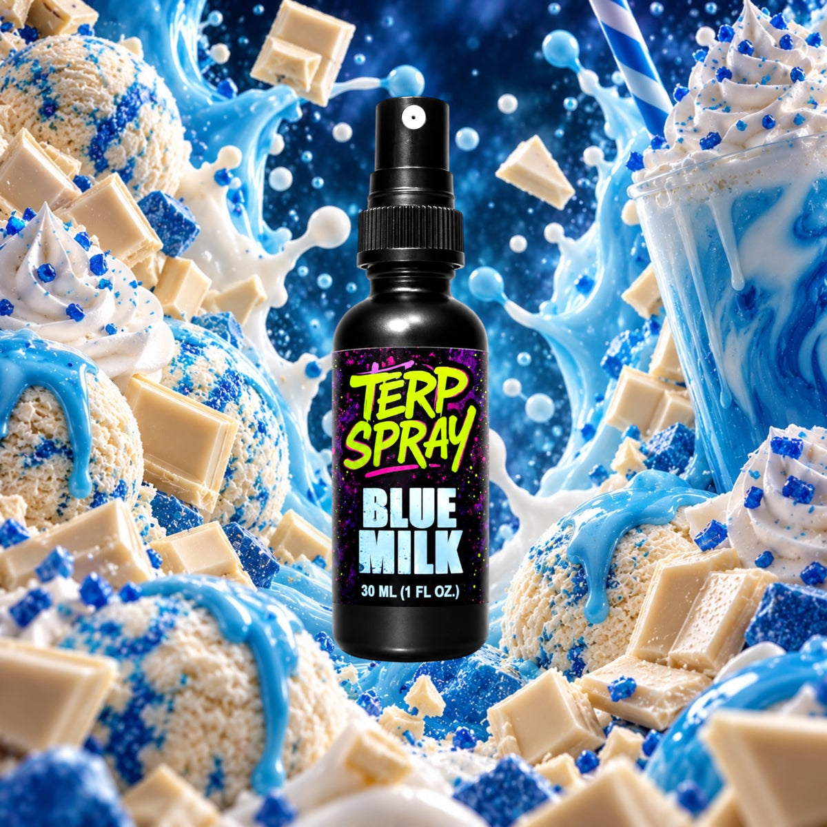 Blue Milk terpene spray with vanilla cream and berry flavor profile background
