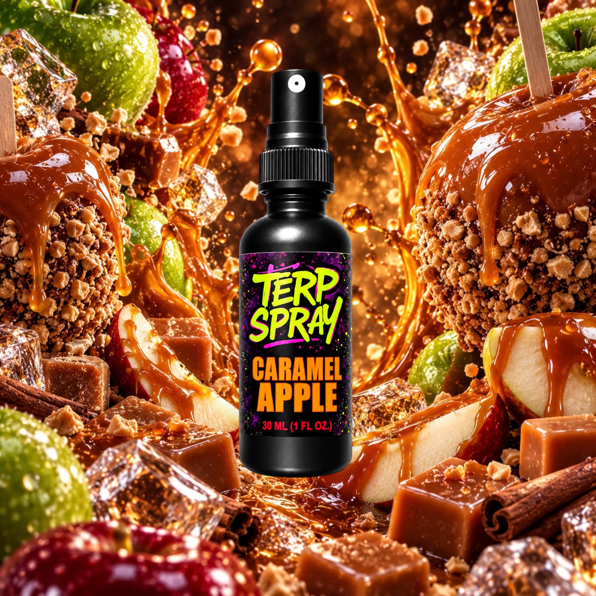 Caramel Apple terpene spray with green apple and caramel flavor profile background