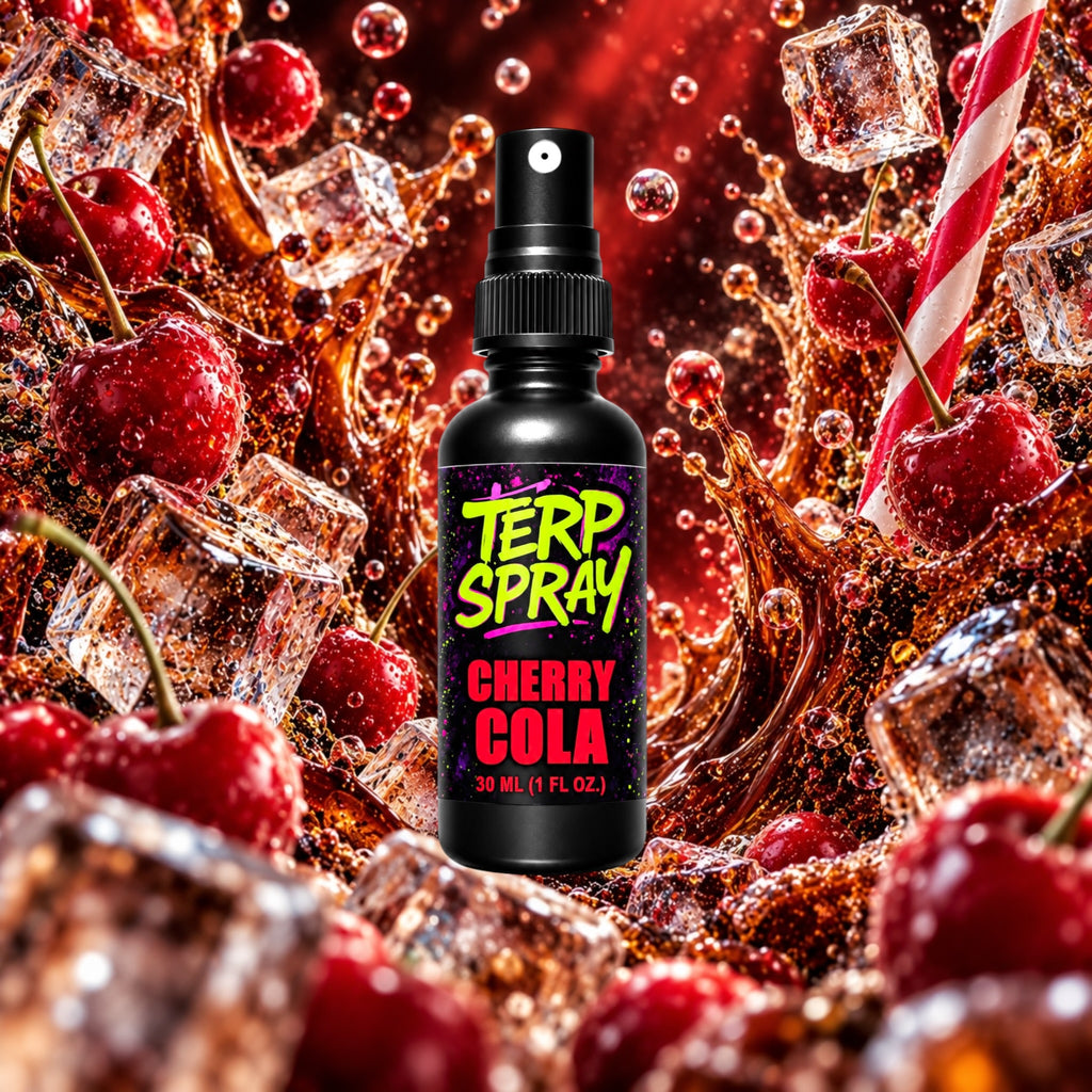 Cherry Cola terpene spray with dark cherry and cola flavor profile background
