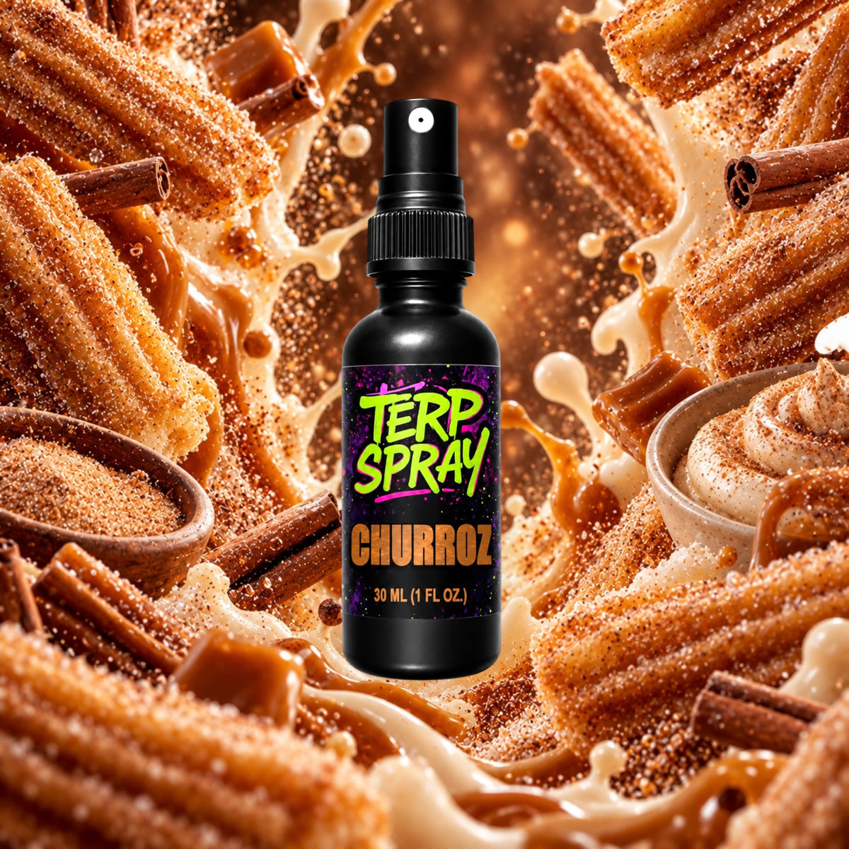 Churroz terpene spray with fried dough and cinnamon sugar flavor profile background