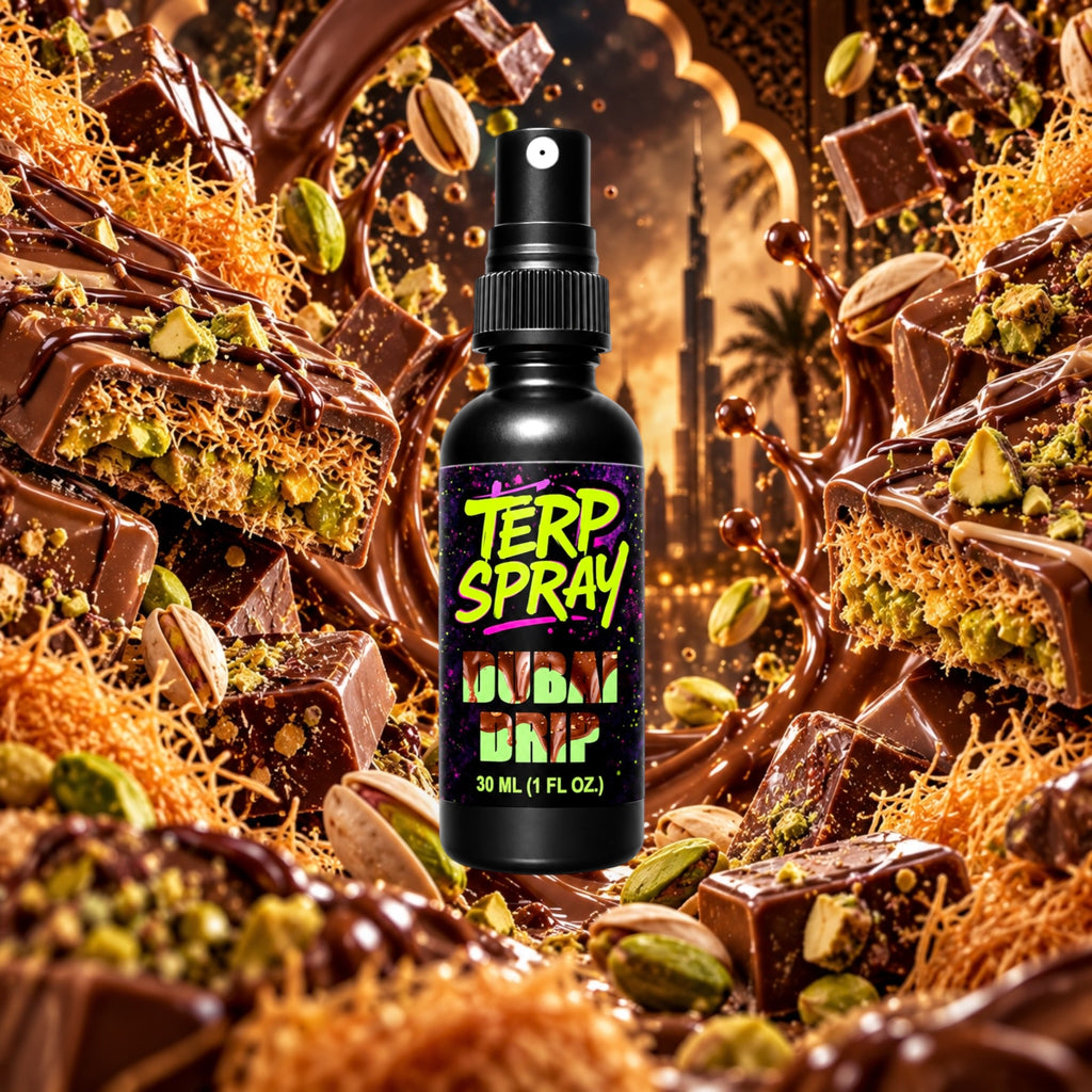 Dubai Drip terpene spray with chocolate and pistachio flavor profile background