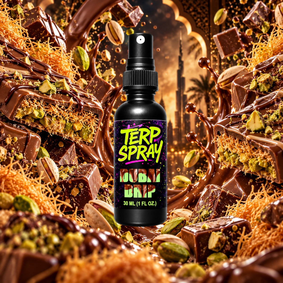Dubai Drip terpene spray with chocolate and pistachio flavor profile background