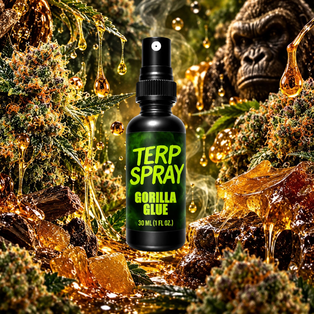 Gorilla Glue terpene spray with pine diesel and earth flavor profile background