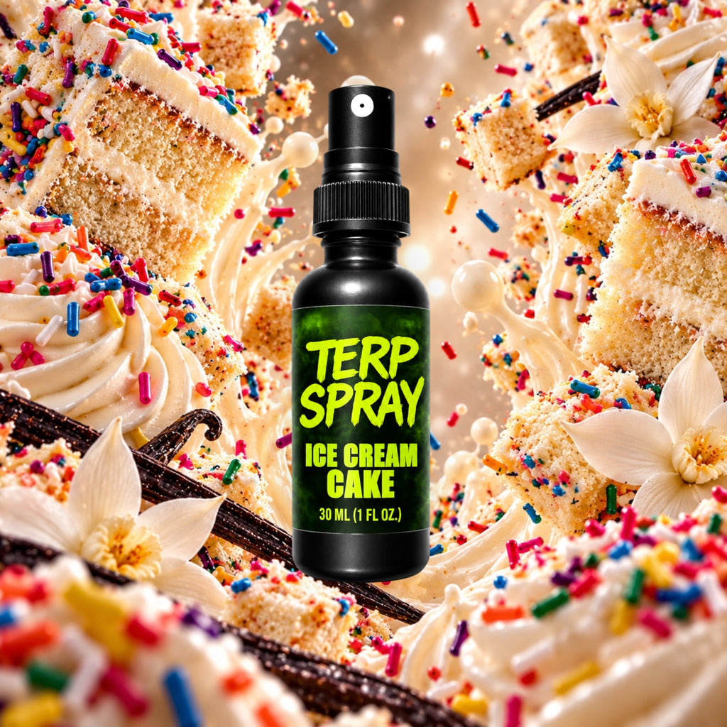 Ice Cream Cake terpene spray with vanilla frosting and cake flavor profile background