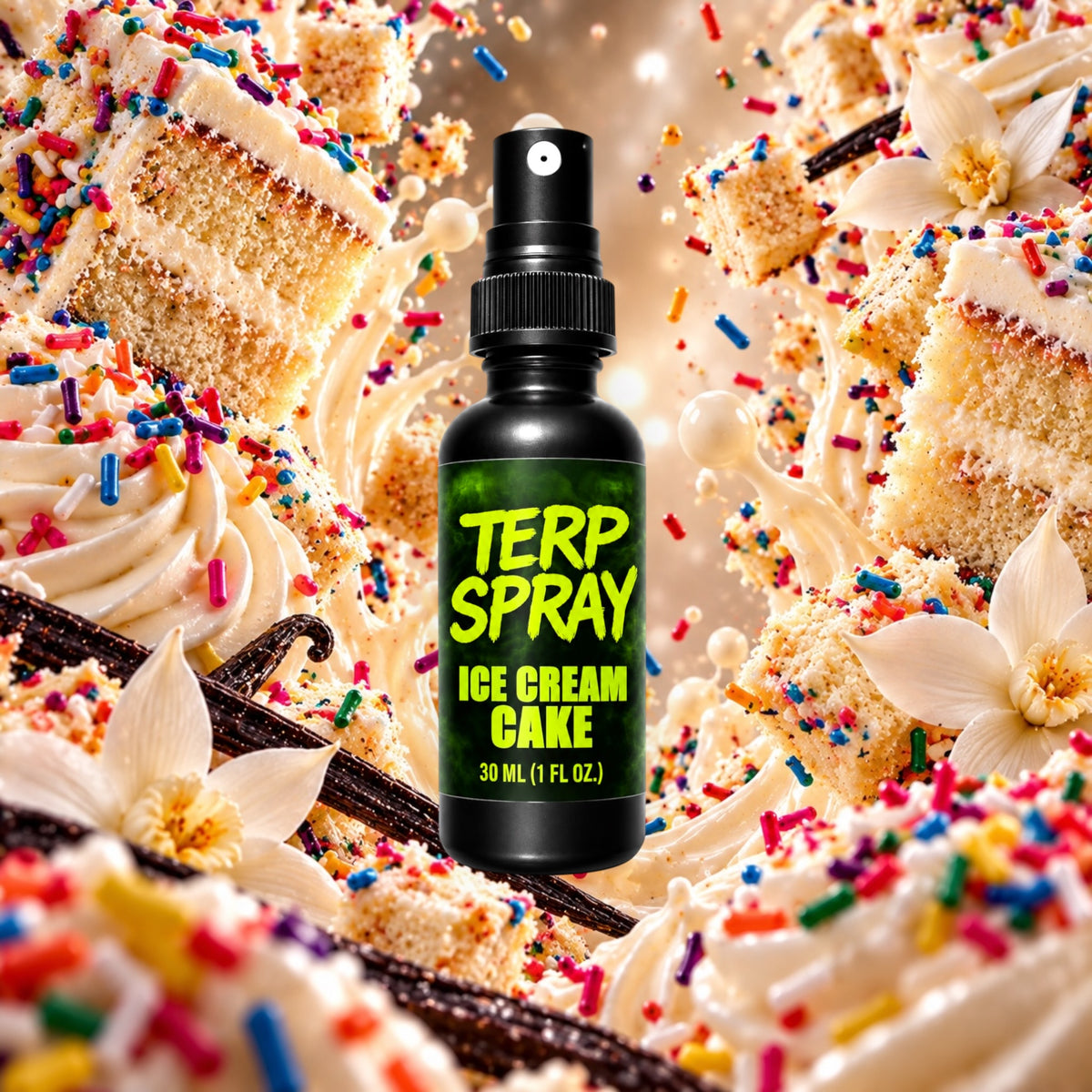 Ice Cream Cake terpene spray with vanilla frosting and cake flavor profile background