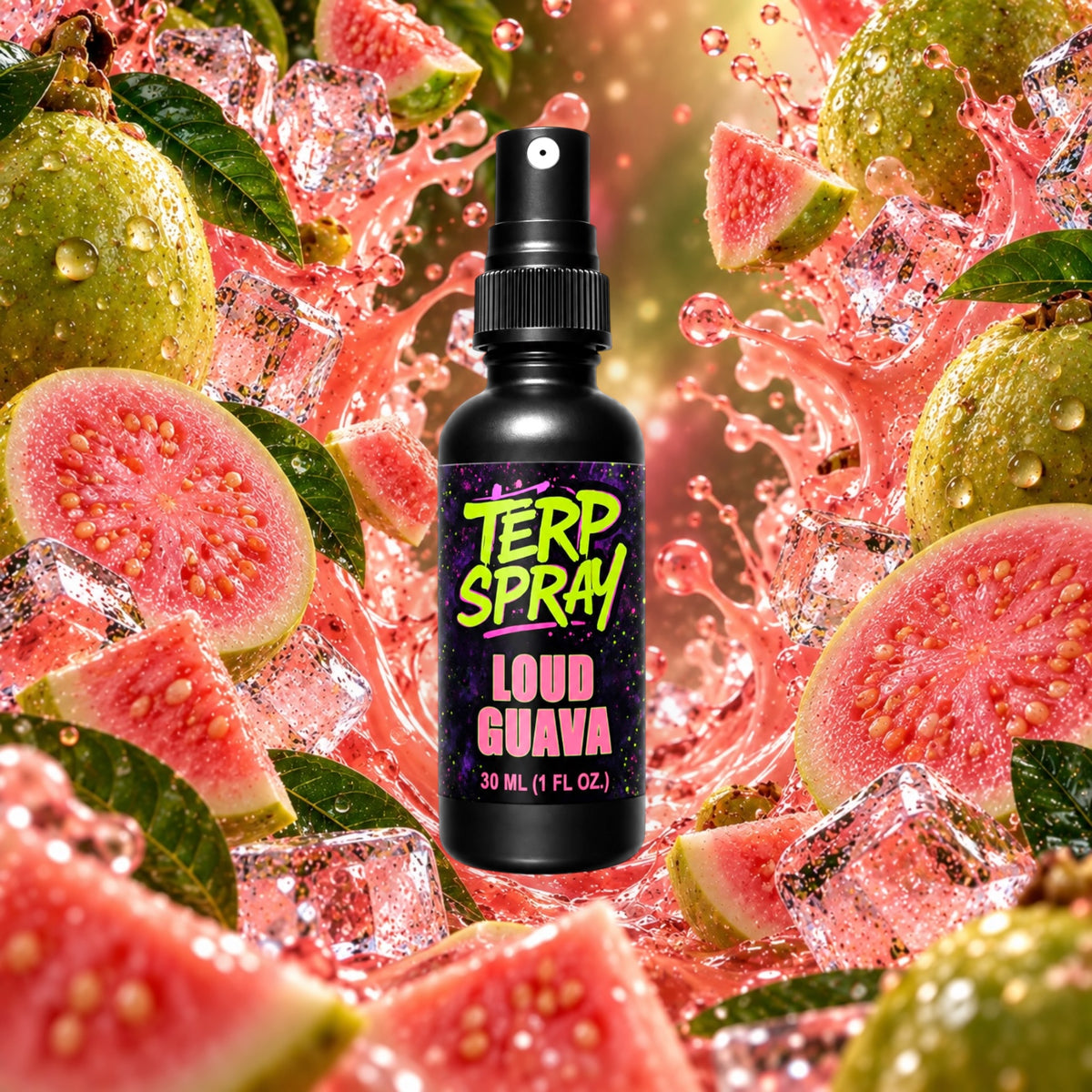 Loud Guava terpene spray with ripe pink guava tropical flavor profile background
