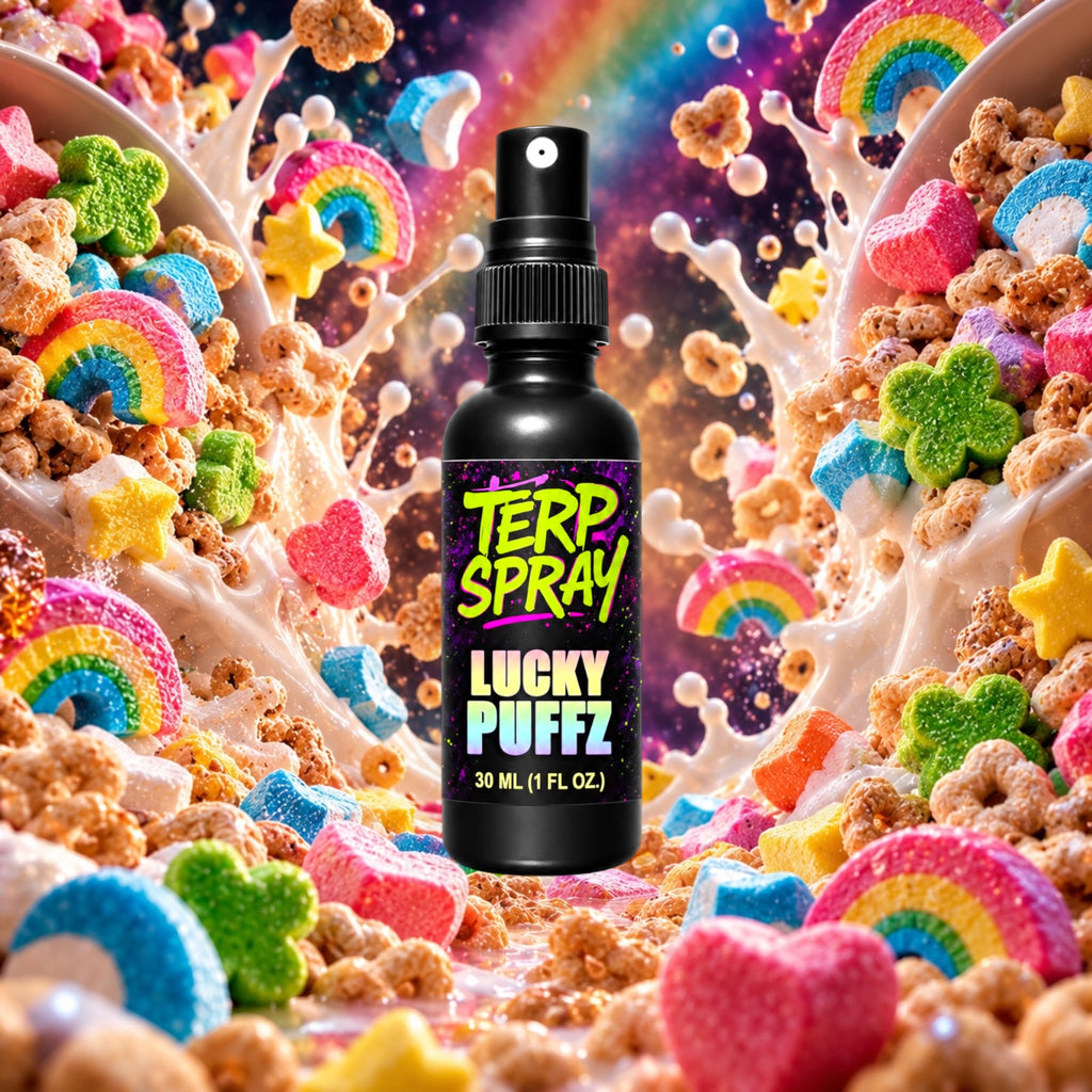 Lucky Puffz terpene spray with cereal milk and marshmallow flavor profile background