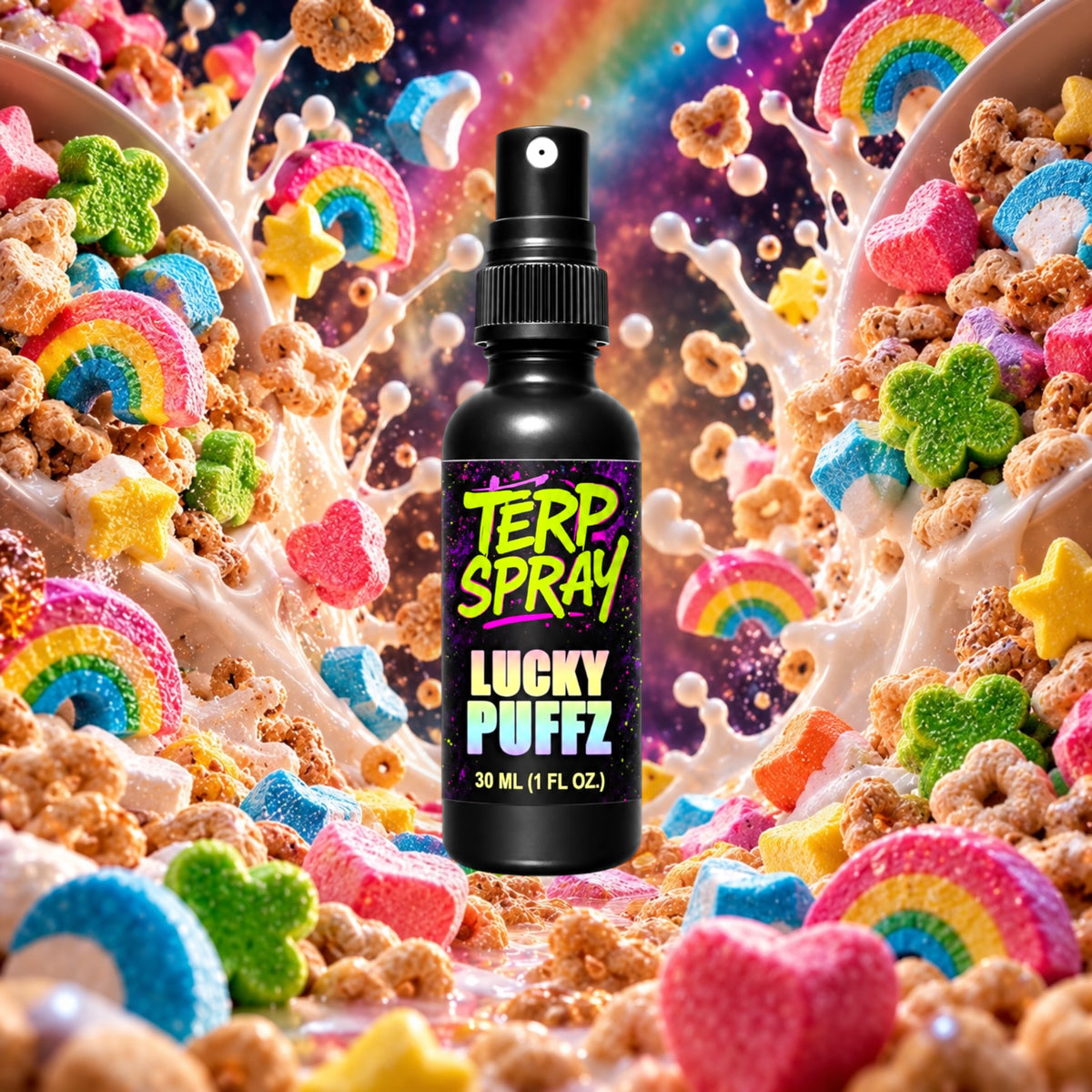 Lucky Puffz terpene spray with cereal milk and marshmallow flavor profile background