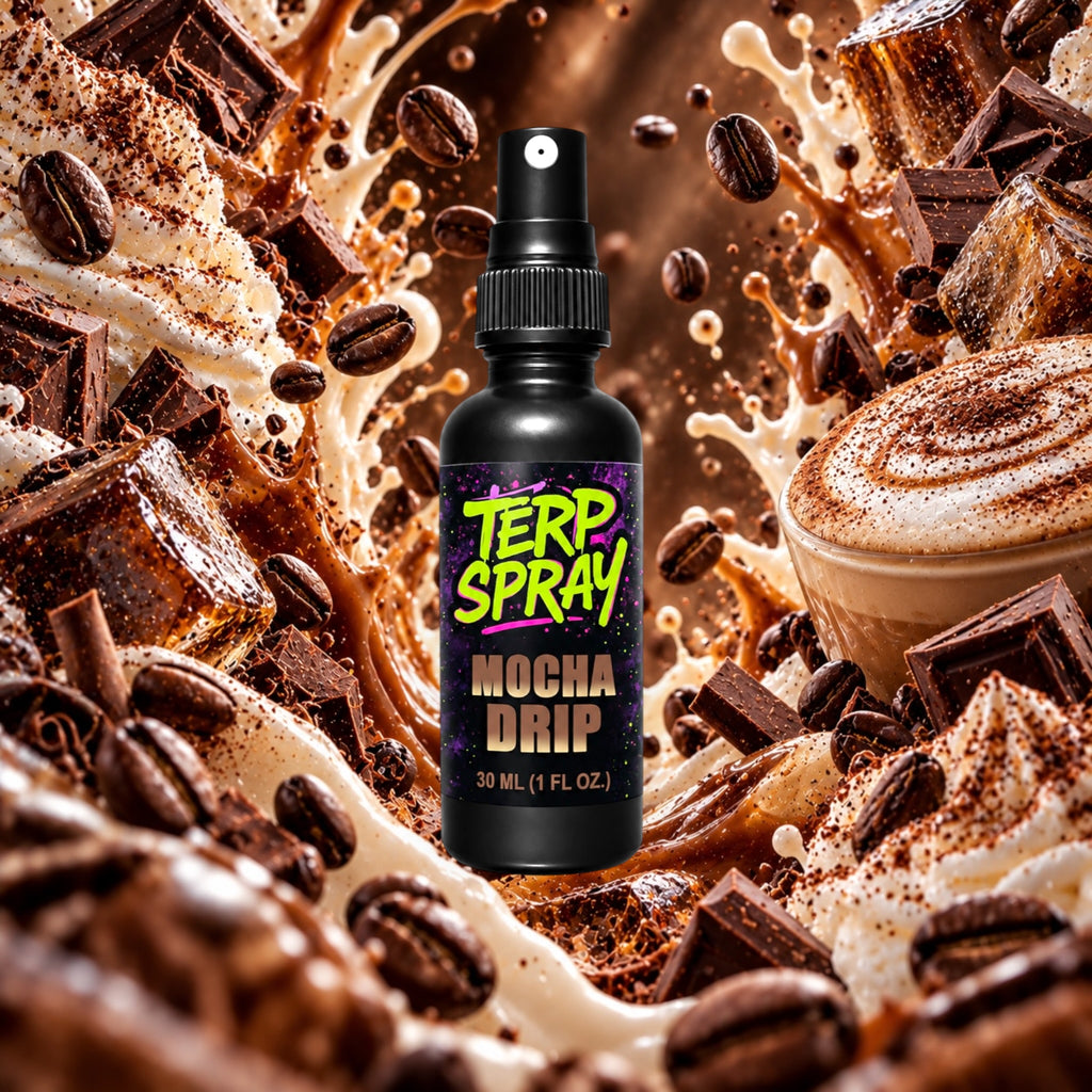Mocha Drip terpene spray with espresso chocolate and steamed milk flavor profile background