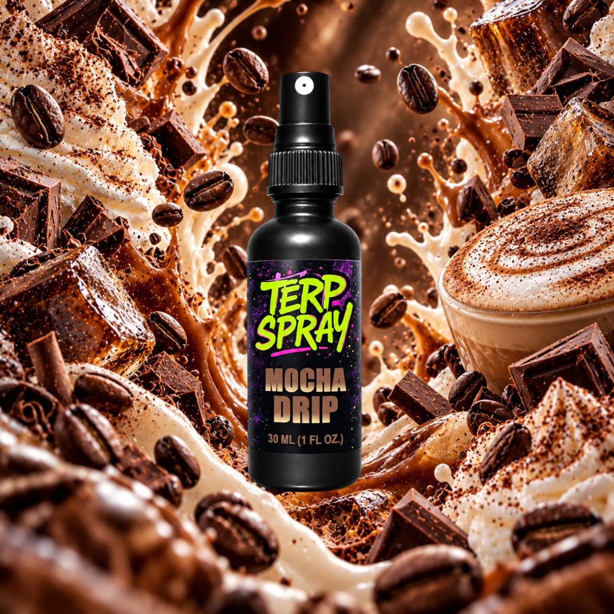 Mocha Drip terpene spray with espresso chocolate and steamed milk flavor profile background
