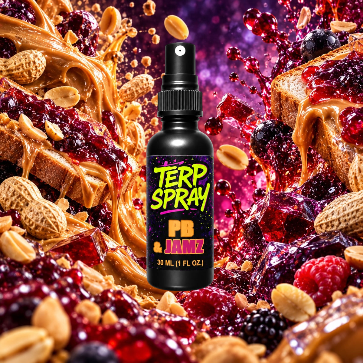 PB and Jamz terpene spray with peanut butter and grape jam flavor profile background