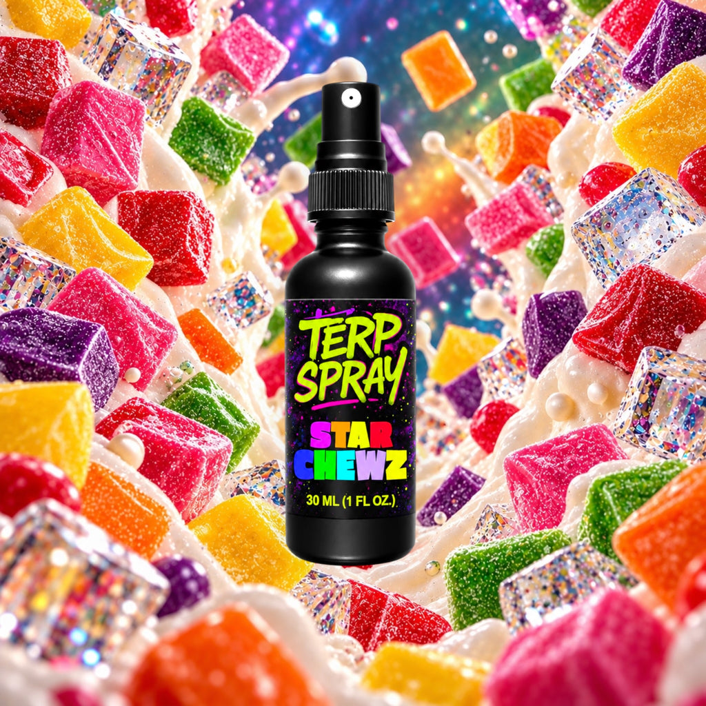 Star Chewz terpene spray with white gummy pineapple and citrus flavor profile background