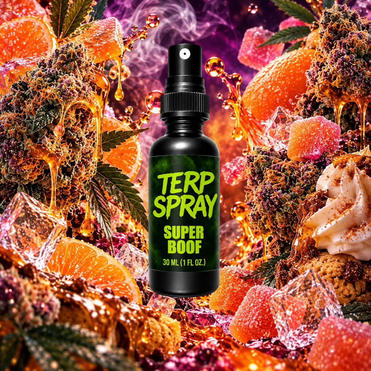Super Boof terpene spray with cherry berry and skunk gas flavor profile background