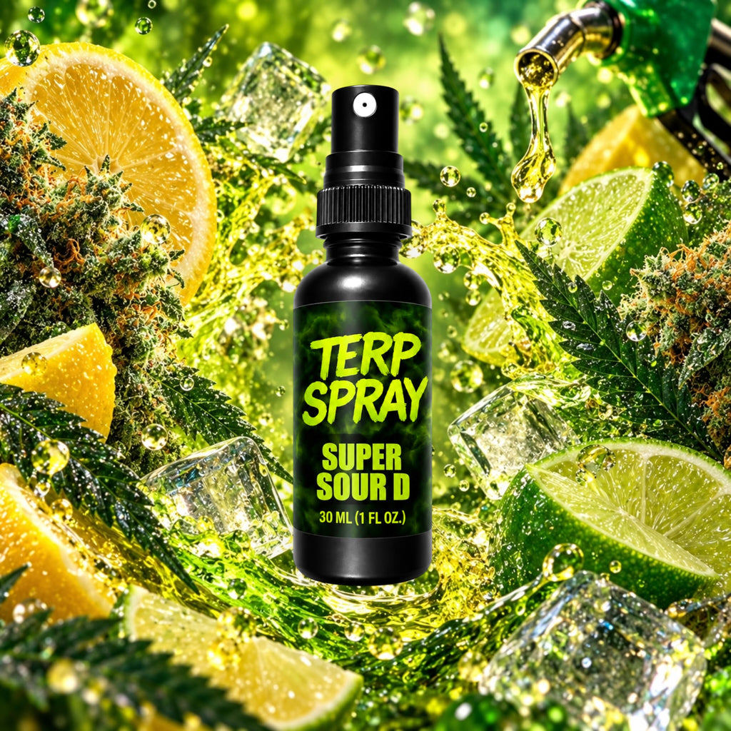 Super Sour D terpene spray with sour diesel and citrus flavor profile background