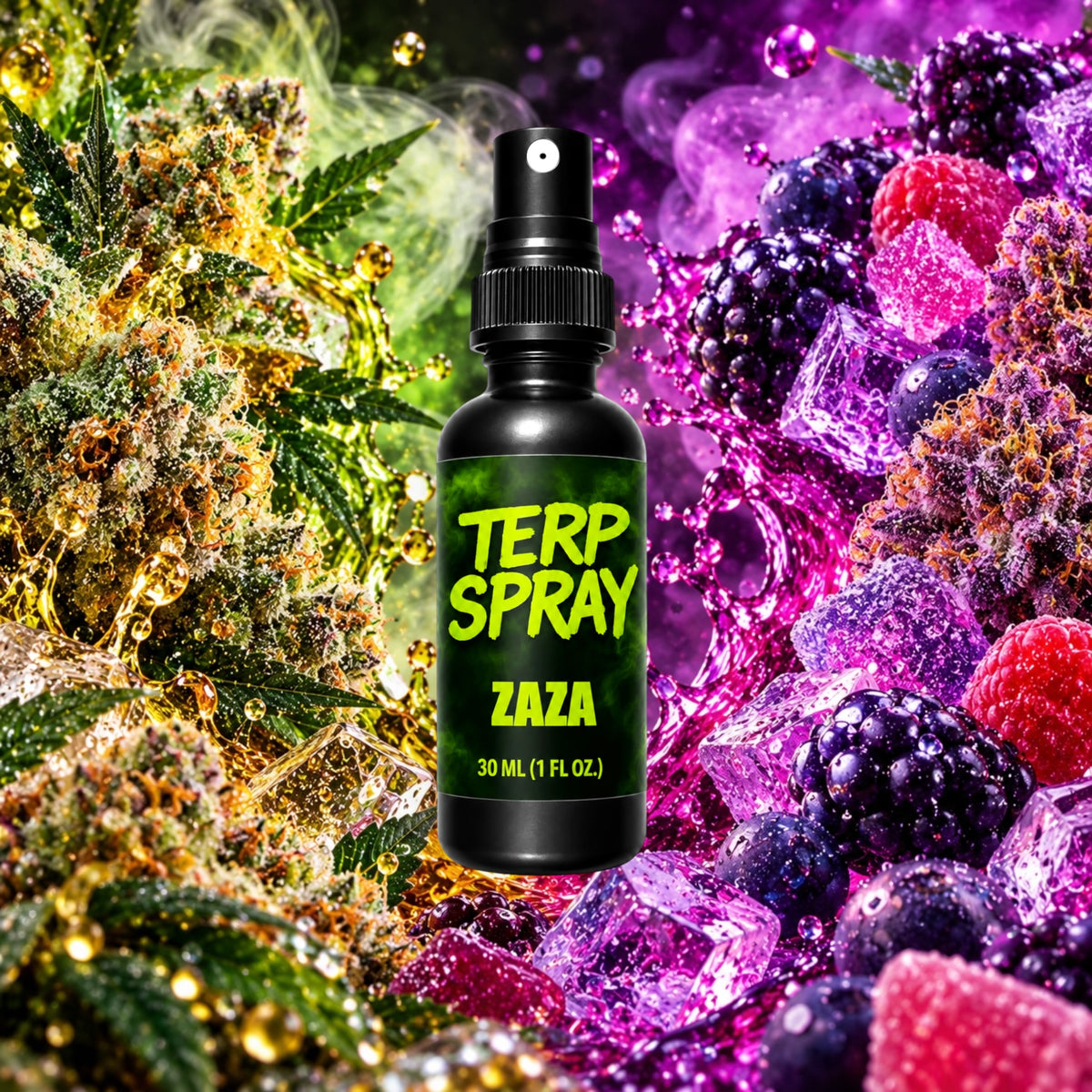 Za Za terpene spray with mixed berry candy and gas flavor profile background